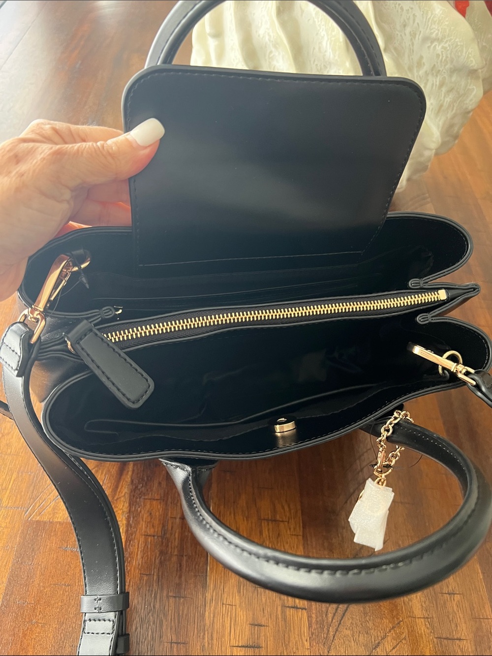 Guess Black Satchel with Gold Logo and Tassel Charm - Picture 5 of 7
